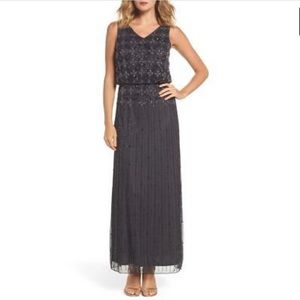 Pisarro Nights beaded pearls v neck gown